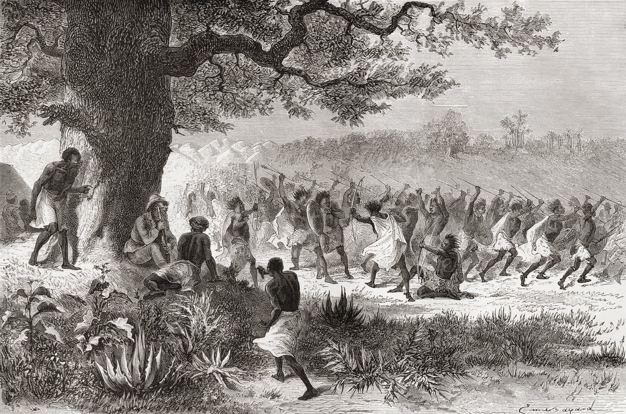 हेनरी मोर्टन स्टेनली 1871 में अपने अभियान के दौरान युद्ध के लिए तैयारी कर रहे वोगोगोस जनजाति को देखते हुए, &39;द वर्ल्ड इन द हैंड्स&39; से चित्रण, 1878 में प्रकाशित द्वारा एमिल एंटोनी बेयर्ड