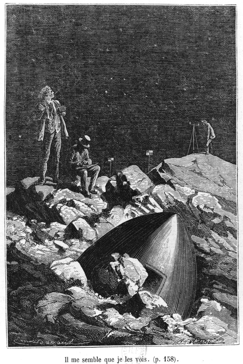 जूल्स वर्ने (1828-1905) पेरिस, हेटज़ेल द्वारा 1865 में प्रकाशित &39;पृथ्वी से चंद्रमा तक&39; का चित्रण द्वारा एमिल एंटोनी बेयर्ड