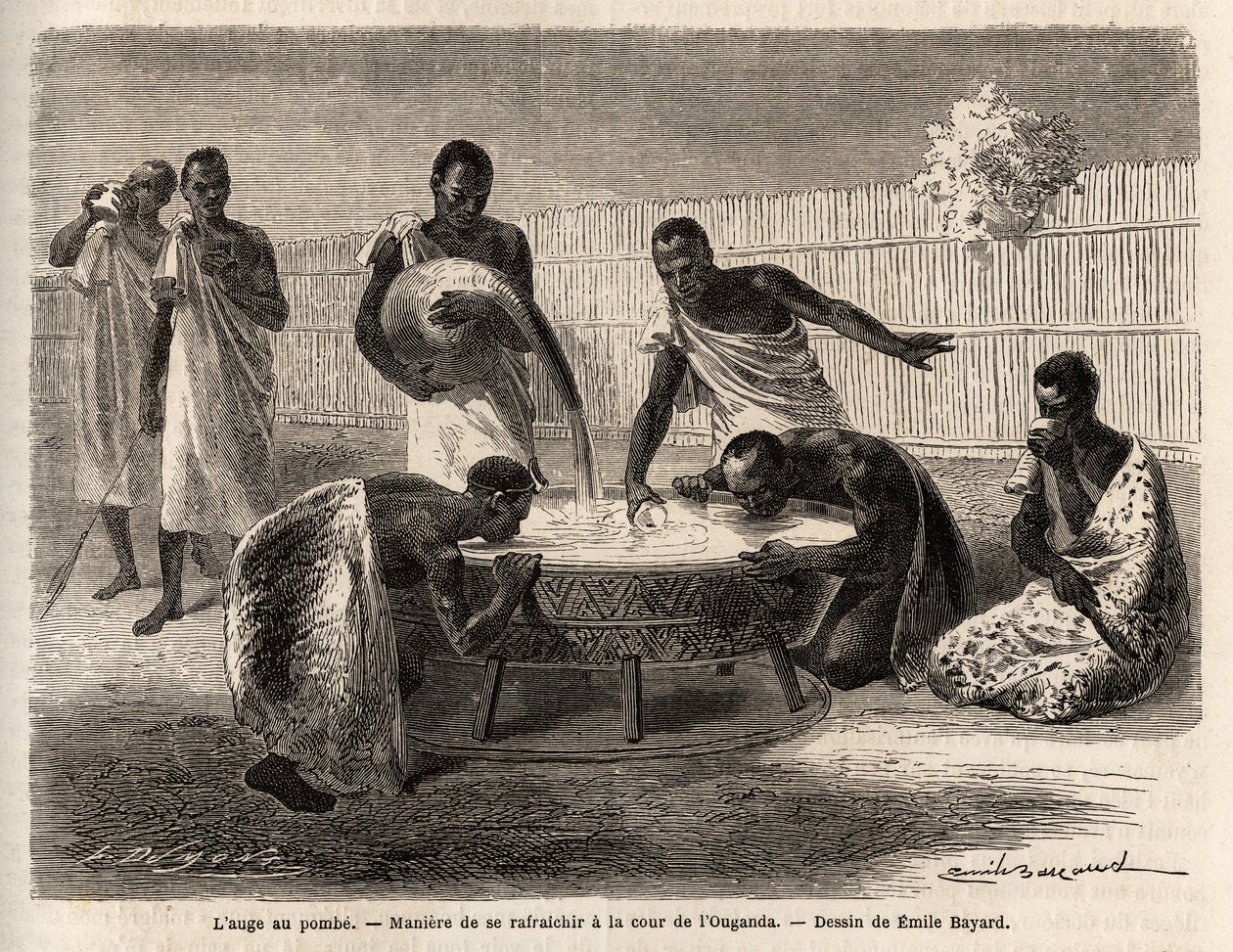 L'trouge au pombe (किण्वन द्वारा मादक पेय), कराग में आंगन में खुद को तरोताजा करने का एक तरीका (वर्तमान में जिम्बाब्वे में विक्टोरिया झील के पश्चिम में), एमिल बायर्ड (1837-1891) द्वारा चित्रित, कप्तान स्पीके की यात्रा का चित्रण A . में खोज द्वारा एमिल एंटोनी बेयर्ड