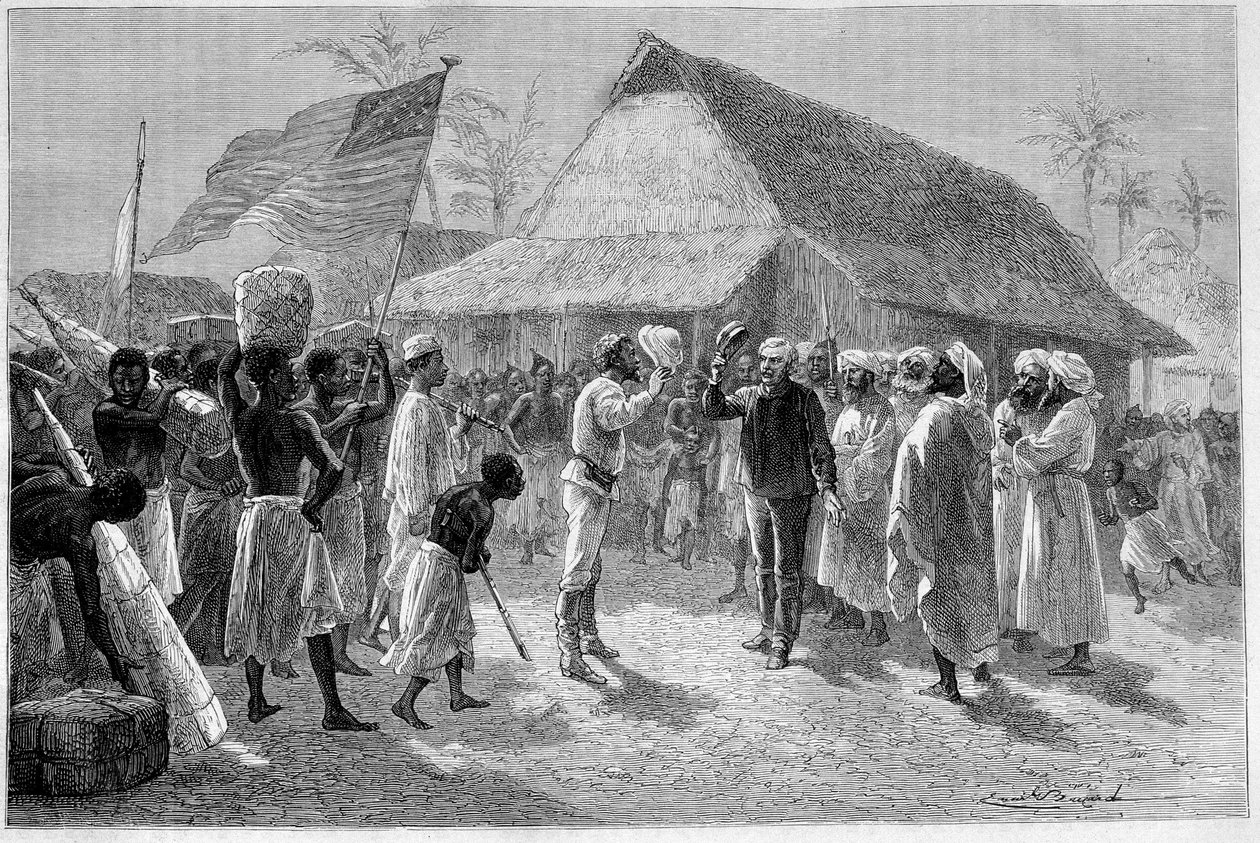 "ले टूर डू मोंडे" में सर हेनरी मॉर्टन स्टेनली (1841-1904) और डेविड लिविंगस्टोन (1813-1873) के बीच बैठक द्वारा एमिल एंटोनी बेयर्ड