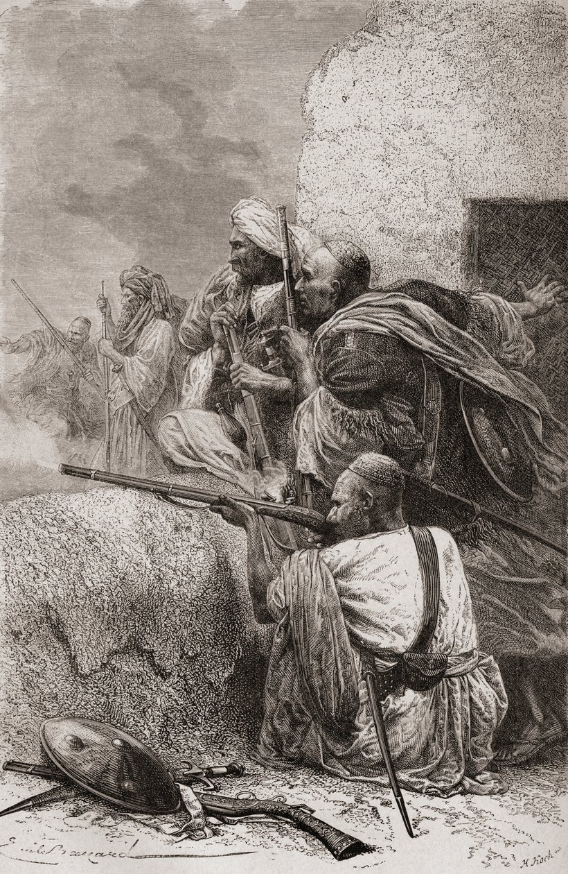 1878 में ब्रिटिश शासन के दौरान, हज़ारा, पाकिस्तान के पहाड़ों में उत्तरी अफगान विद्रोही अंग्रेजों से लड़ते हुए द्वारा एमिल एंटोनी बेयर्ड