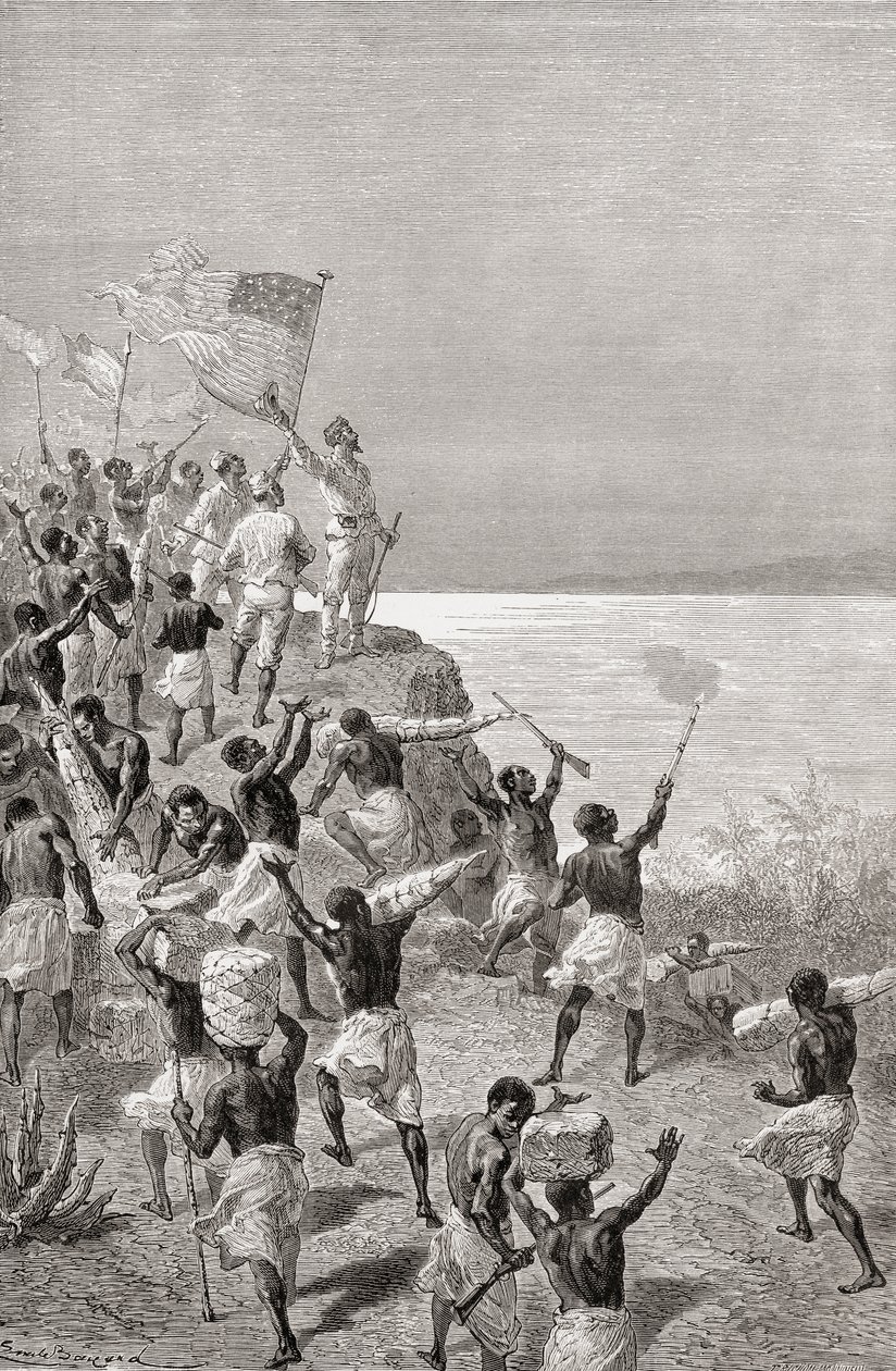 1872 में स्टैनली और उनके अभियान की पहली झलक तांगानिका, पूर्वी अफ्रीका में, 1878 में प्रकाशित &39;द वर्ल्ड इन द हैंड्स&39; का चित्रण। द्वारा एमिल एंटोनी बेयर्ड