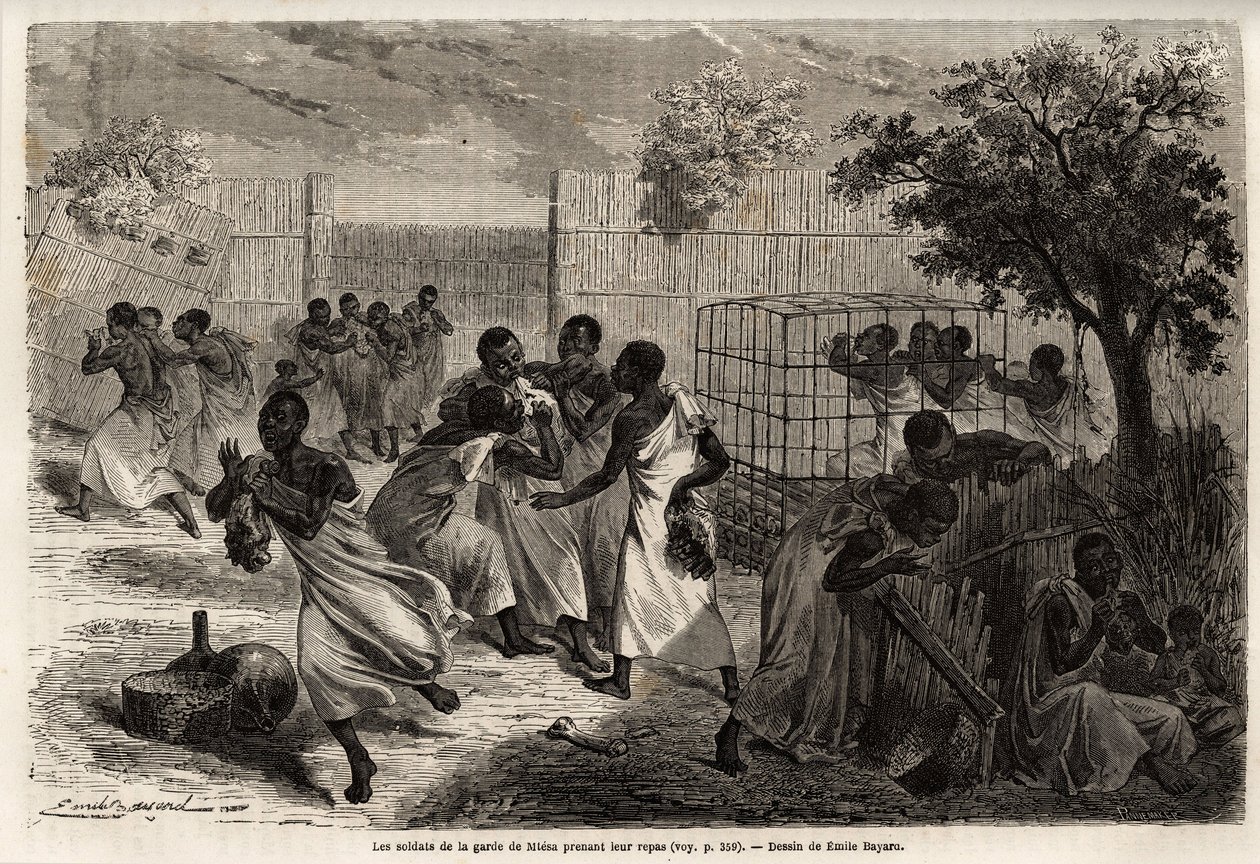 युगांडा के राजा, एम'टेसा के रक्षक के सैनिकों का भोजन, एमिल बायर्ड (1837-1891) द्वारा चित्रित, कैप्टन स्पीके की 1860 से 1863 तक अफ्रीका में खोज की यात्रा को दर्शाता है। "ले टूर डू मोंडे" में उत्कीर्णन ”, एडौर्ड चार्टन द्वारा संपादित द्वारा एमिल एंटोनी बेयर्ड