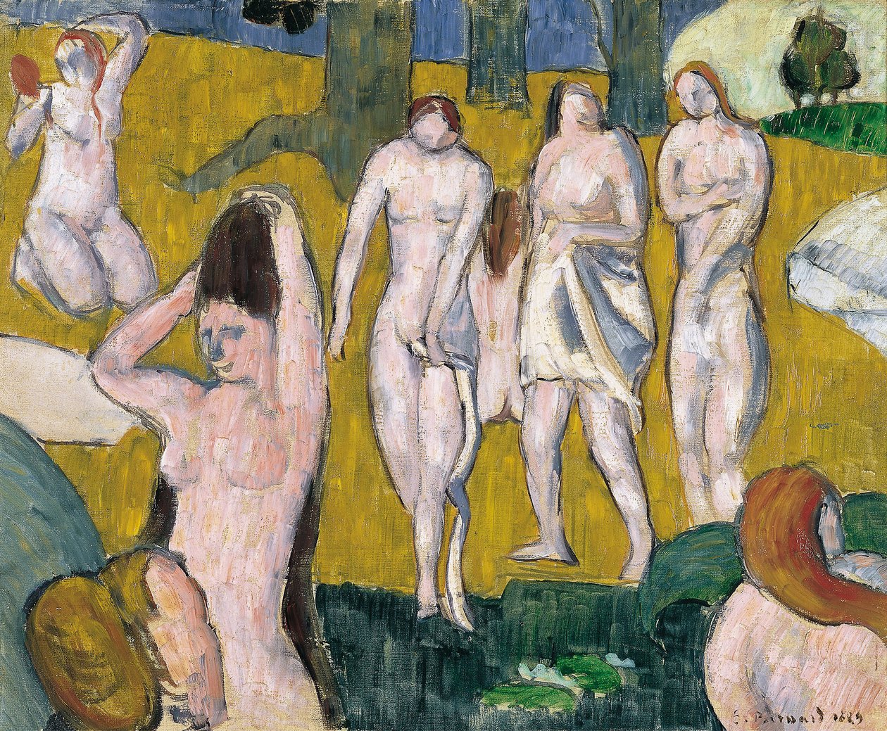 Femmes au bain - महिला स्नान - एमिल बर्नार्ड द्वारा पेंटिंग (1868-1941) - 1889 - कैनवास पर तेल - 47x57,2 - थिसेन-बोर्नमिसज़ा संग्रह द्वारा एमिल बर्नार्ड