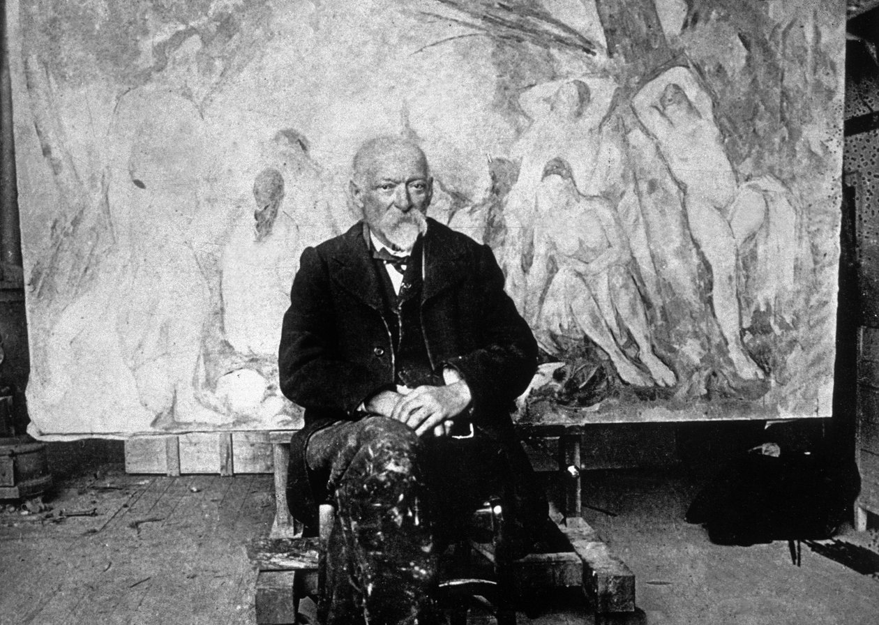 पॉल सेज़ेन (1839-1906) 1904 में अपने एक कैनवास के सामने तैराकों को दिखाते हुए फ्रांसीसी चित्रकार (बी / डब्ल्यू फोटो) द्वारा एमिल बर्नार्ड