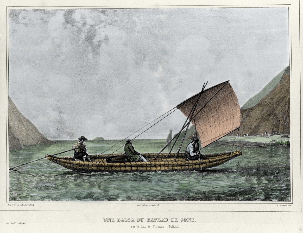 टिटिकाका (बोलीविया) झील पर एक बलसा या रैश बोट। एमिल लासाल (1813-1871) द्वारा लिथोग्राफ - एल्काइड डी'ऑर्बिनी (1802-1857) द्वारा "" वॉयज डांस ल'अमेरिक मेरिडियोनल "" में द्वारा एमिल लासेल