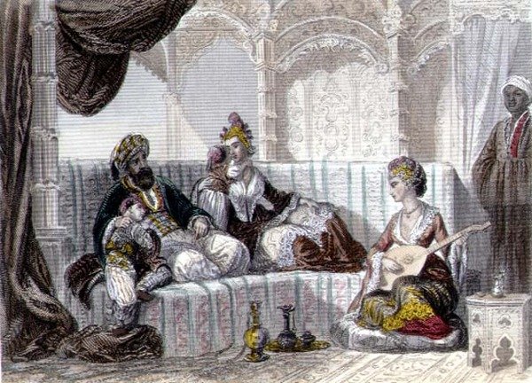 रूरग्यू भाइयों द्वारा उकेरी गई 'कॉन्स्टेंटिनोपल एंड द ब्लैक सी' से एक बे और उसके परिवार के साथ इंटीरियर द्वारा एमिल और रूएरग एडॉल्फे रूएरग्यू