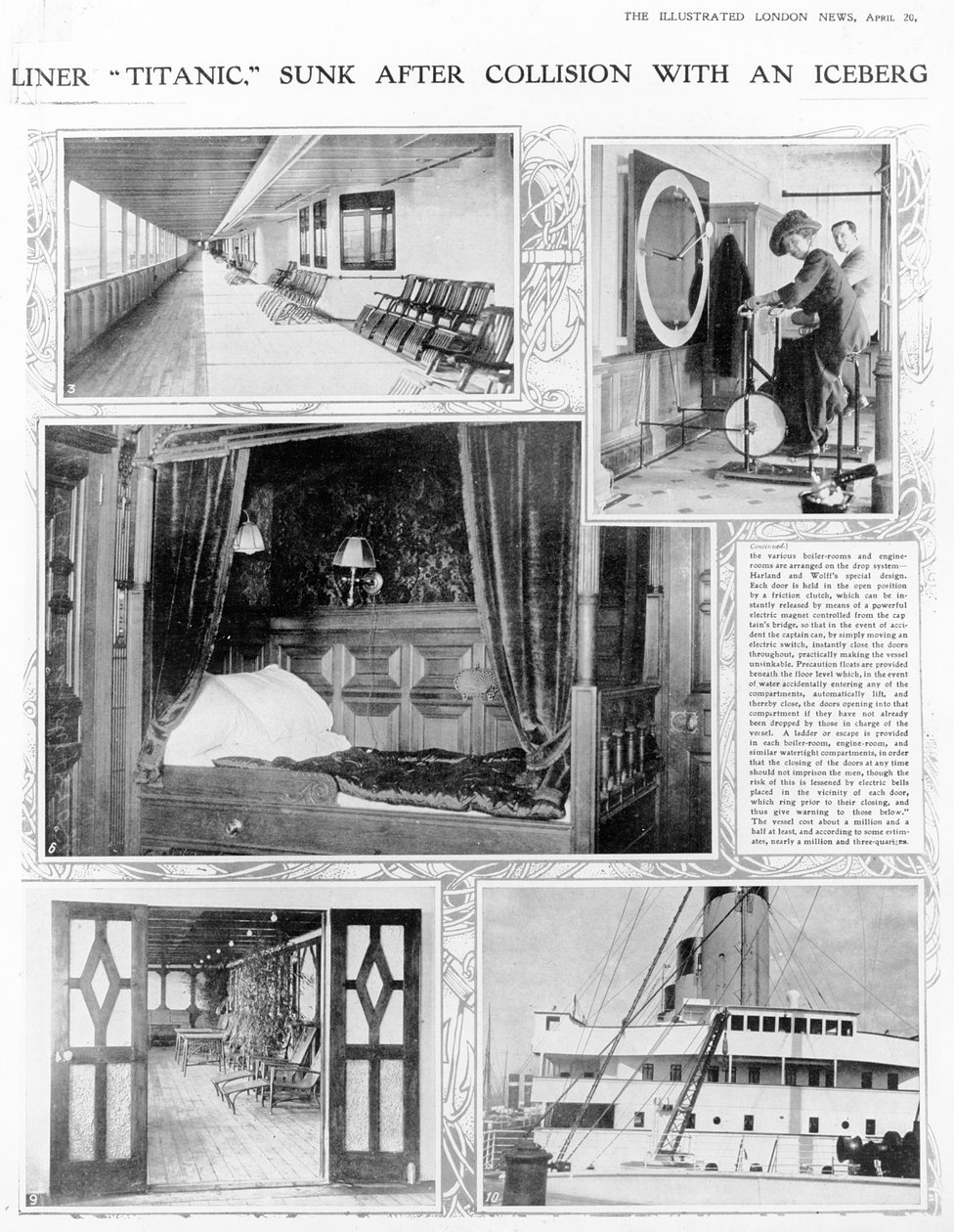 20 अप्रैल 1912 को द इलस्ट्रेटेड लंदन न्यूज़ से आइसबर्ग के साथ टकराव के बाद लाइनर टाइटैनिक सनक द्वारा अंग्रेजी फोटोग्राफर