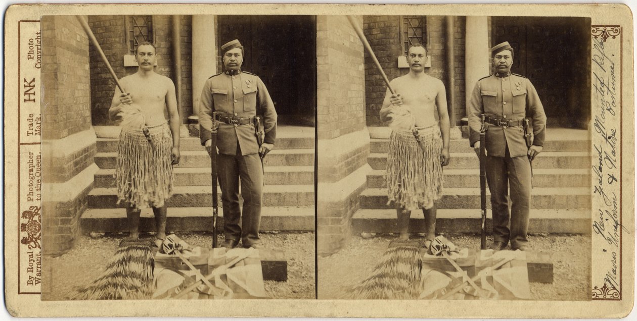न्यूजीलैंड माउंटेड राइफल्स। Maoris वर्दी और मूल पोशाक, 1897 (रजत जिलेटिन प्रिंट) द्वारा अंग्रेजी फोटोग्राफर