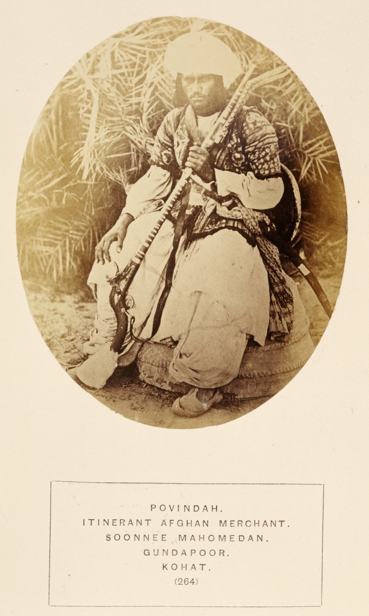 जे। फोर्ब्स वॉटसन द्वारा पोविन्दह, इटीनरेंट अफगान मर्चेंट, सोन्नी महोमेदान, कोहाट, भारत के लोगों से, 1868 में प्रकाशित (एल्बम प्रिंट) द्वारा अंग्रेजी फोटोग्राफर