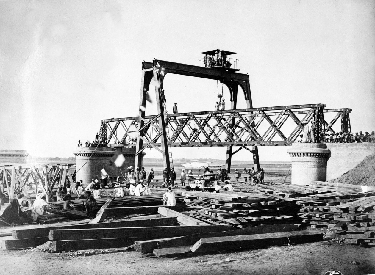 झेलम ब्रिज का निर्माण, पाकिस्तान c.1873 द्वारा अंग्रेजी फोटोग्राफर