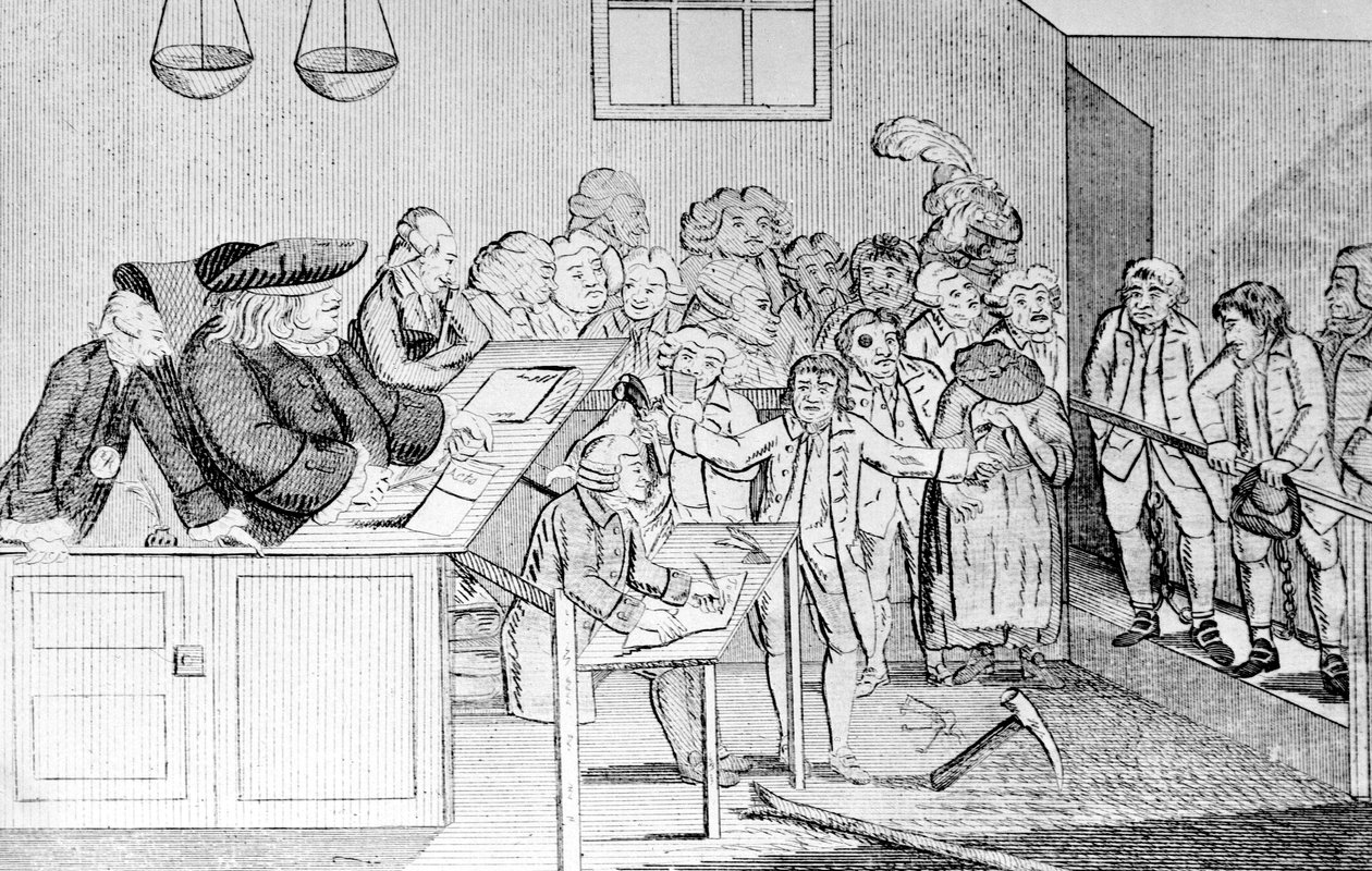 ए बॉन्ड एंड जजमेंट, सर जॉन फील्डिंग, बो स्ट्रीट कोर्ट, 1779 की अध्यक्षता करते हुए द्वारा अंग्रेजी स्कूल