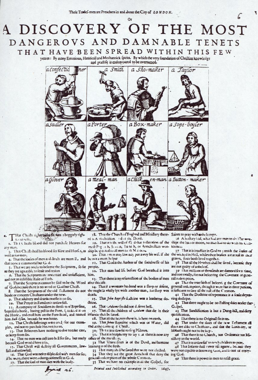 1647 में प्रकाशित &39;ए डिस्कवरी ऑफ द मोस्ट डेंजरस एंड डेमनेबल टेनट्स&39; जो इस कुछ के भीतर फैल चुका है द्वारा अंग्रेजी स्कूल