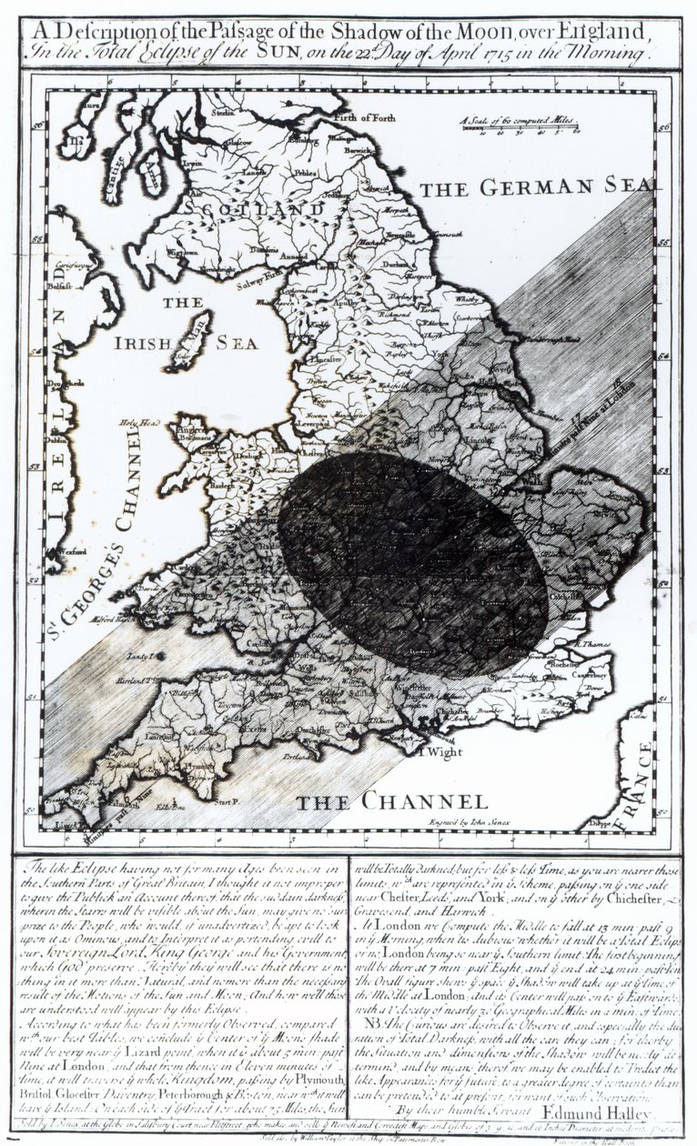 22 अप्रैल 1715 को इंग्लैंड पर चंद्रमा की छाया के मार्ग को दर्शाने वाला एक नक्शा, जॉन सेनेक्स द्वारा उत्कीर्ण, 1715 द्वारा अंग्रेजी स्कूल