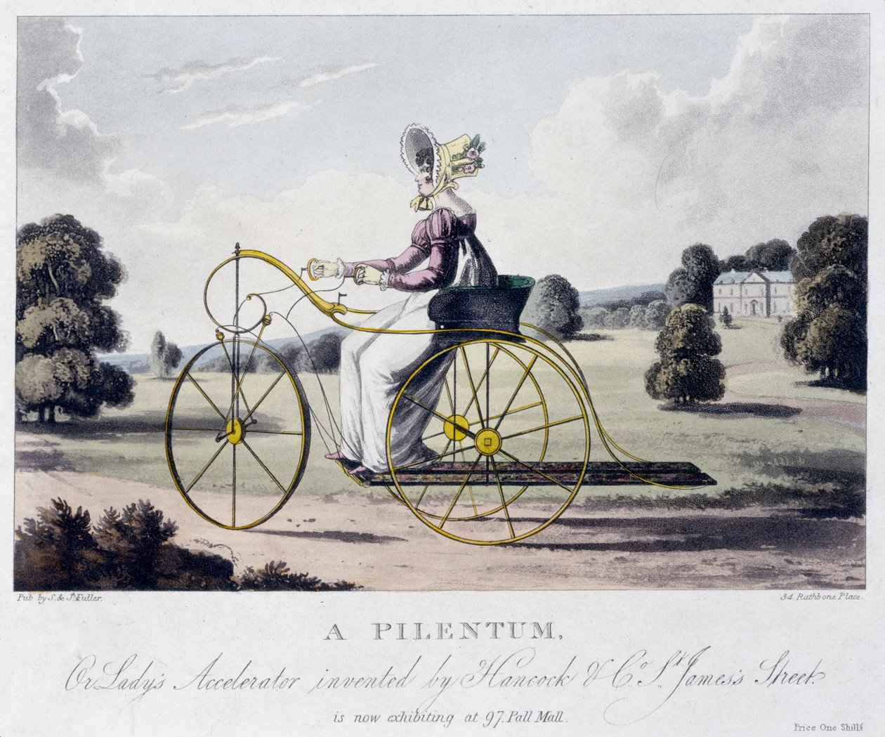 एक Pilentum या लैडिस त्वरक हैनकॉक एंड कंपनी, सेंट जेम्से स्ट्रीट, c.1820 (रंगीन एक्वाटिंट) द्वारा आविष्कार किया गया द्वारा अंग्रेजी स्कूल