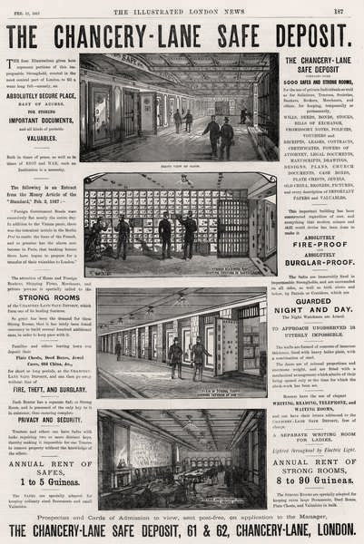 12 फरवरी 1887 को द इलस्ट्रेटेड लंदन न्यूज़ से द चांसरी लेन सेफ डिपॉज़िट का विज्ञापन द्वारा अंग्रेजी स्कूल
