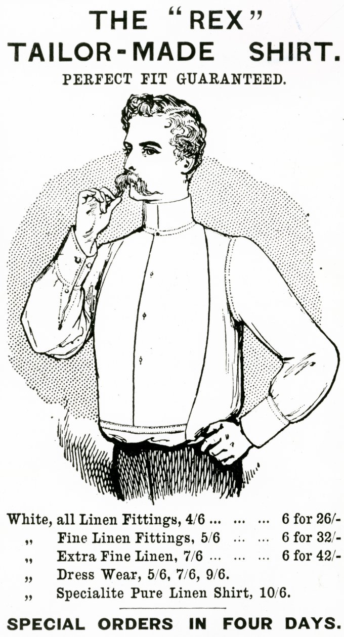 विज्ञापन &39;द रेक्स टेलर-मेड शर्ट&39;, c.1890 (उत्कीर्णन और लेटरप्रेस) द्वारा अंग्रेजी स्कूल