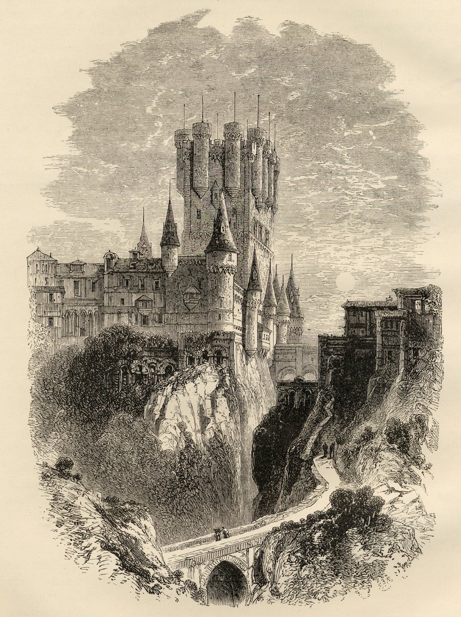 1862 की आग से पहले सेगोविआ, स्पेन में अलकाज़ार, रेव। सैमुअल मैनिंग द्वारा &39;स्पेनिश पिक्चर्स&39; का चित्रण द्वारा अंग्रेजी स्कूल