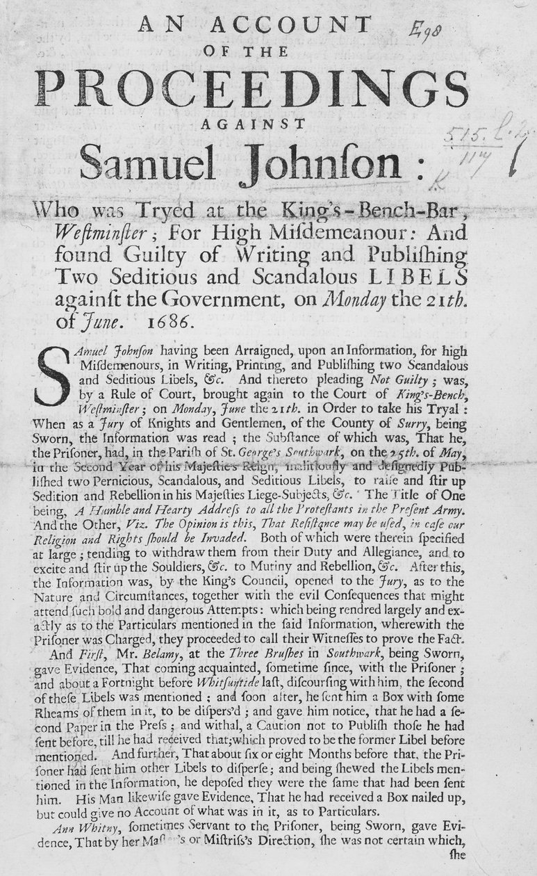 सैमुअल जॉनसन के खिलाफ कार्यवाही का एक खाता, 1686 (प्रिंट) द्वारा अंग्रेजी स्कूल
