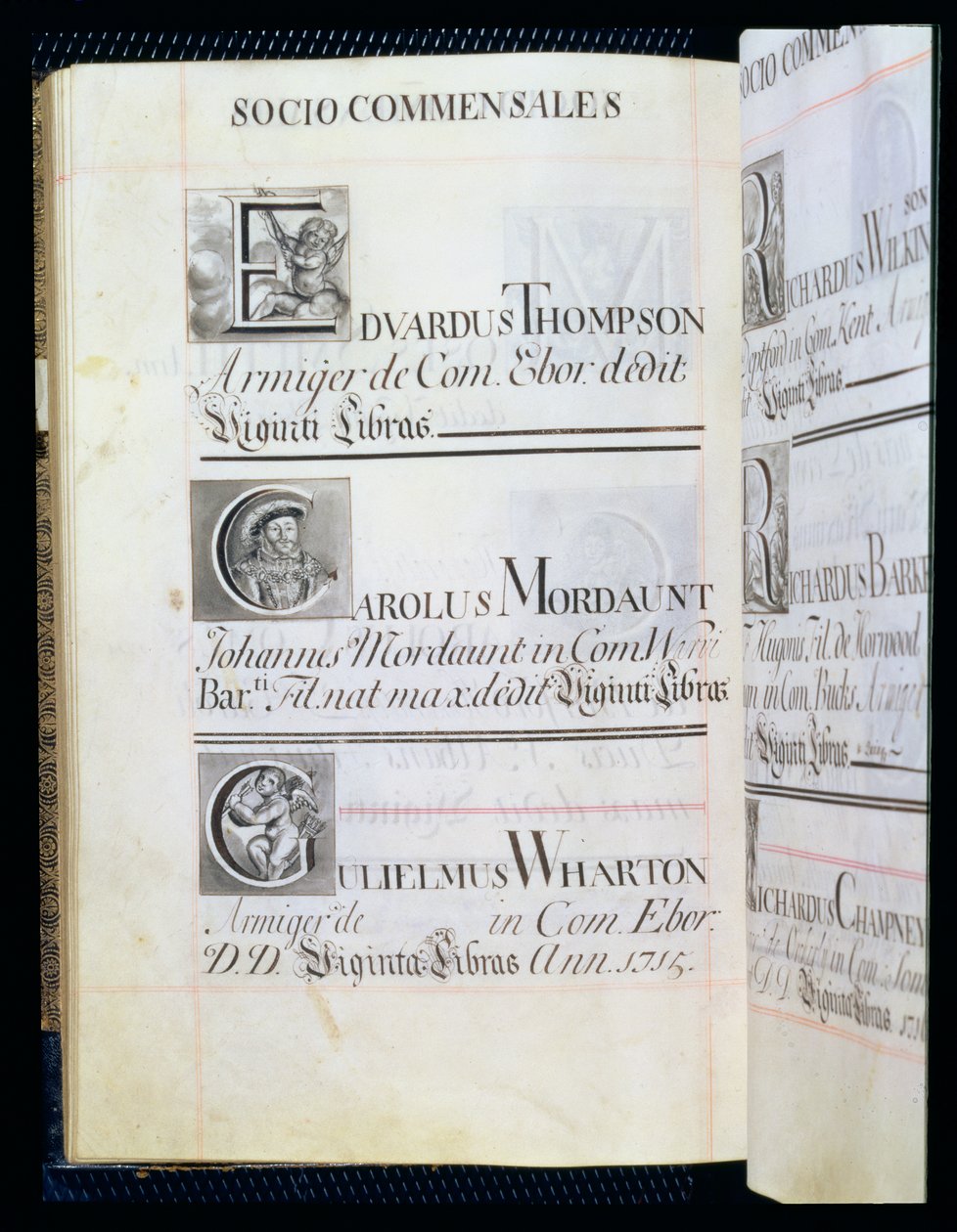 पुरालेख 3693 f.58v पेज न्यू कॉलेज, ऑक्सफोर्ड के तीन लाभार्थियों को सूचीबद्ध करता है; एडवर्डस थॉम्पसन, कैरोलस मोर्डंट और गुलिम्मस व्हार्टन, एक लाभ पुस्तक, 16812-84 (कलम और स्याही) द्वारा अंग्रेजी स्कूल