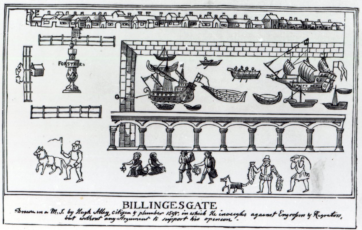C.1598 से एक मूल ड्राइंग के बाद बिलिंग्सगेट मार्केट, लंदन द्वारा अंग्रेजी स्कूल