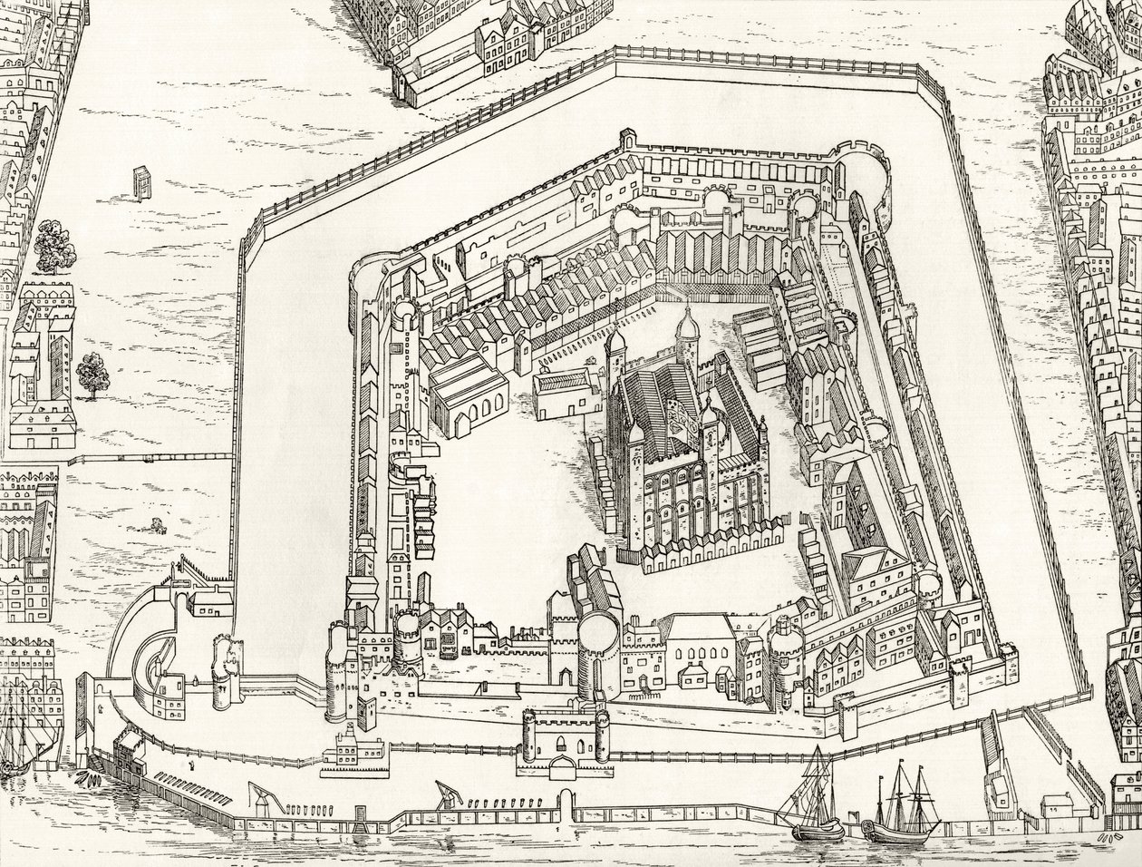 1688 में लंदन के टॉवर की बर्ड्स आई व्यू, &39;लंदन पिक्चर्स: ड्रोन विद पेन एंड पेंसिल&39;, रेव रिचर्ड लवेट द्वारा, 1890 में प्रकाशित द्वारा अंग्रेजी स्कूल