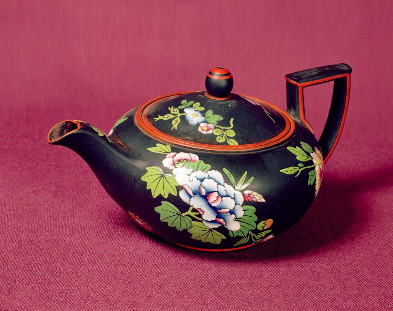 काले बेसाल्ट वेजवुड चायदानी, फूल के साथ आसक्त, c.1840-50 (पत्थर के पात्र) द्वारा अंग्रेजी स्कूल