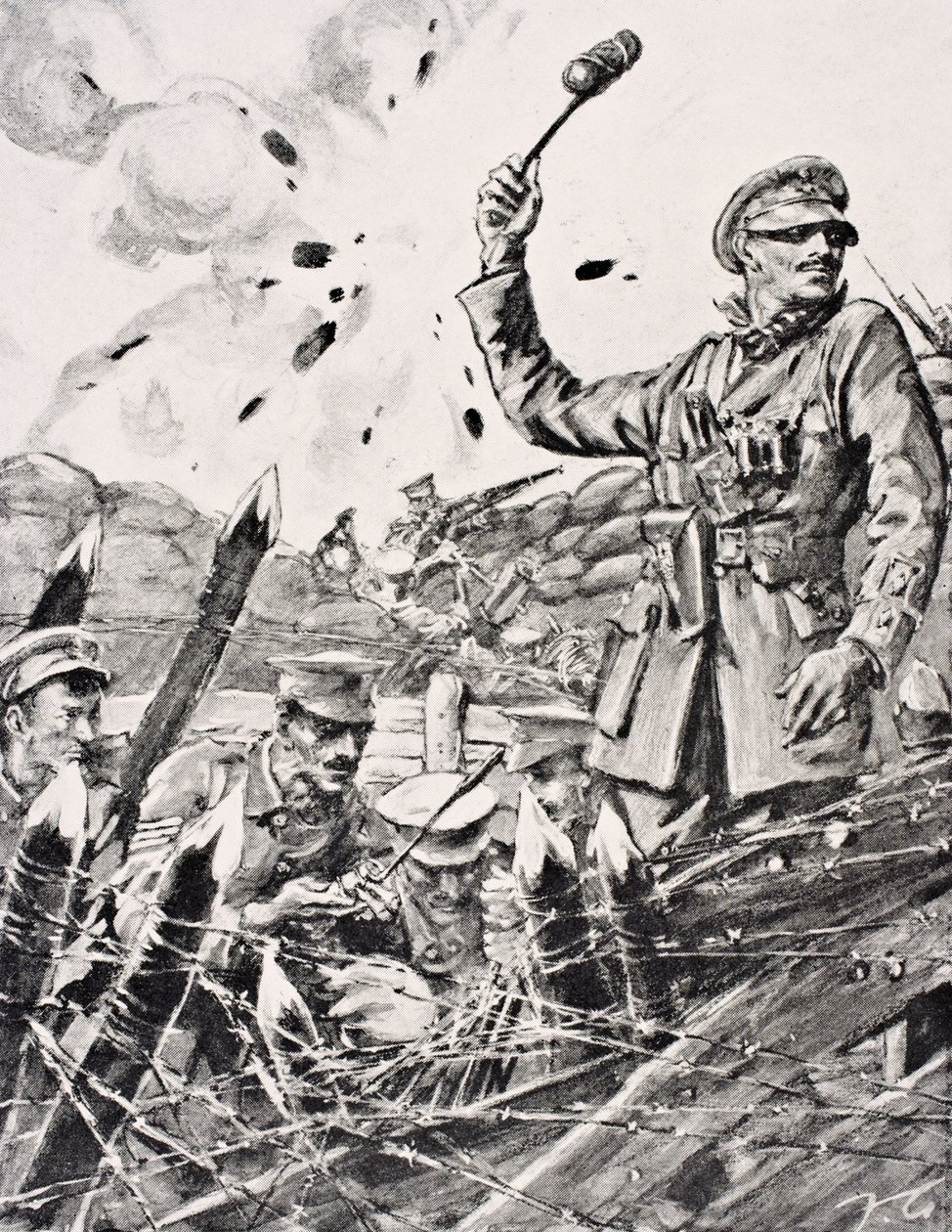 लंदन, 1916 में प्रकाशित &39;द वॉर इलस्ट्रेटेड एल्बम डे-डीलक्स&39; से जर्मन पर हमला करने वाले ट्रेंच से ग्रेनेड फेंकते ब्रिटिश अधिकारी द्वारा अंग्रेजी स्कूल