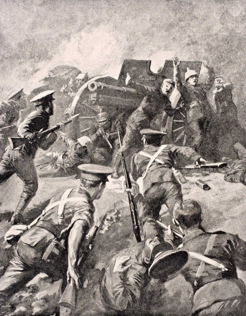 ब्रिटिश सैनिक संगीन जर्मन बंदूकधारियों से, लंदन में 1916 में प्रकाशित &39;द वार इलस्ट्रेटेड एल्बम डे-डीलक्स&39; से चार्ज करते हैं द्वारा अंग्रेजी स्कूल