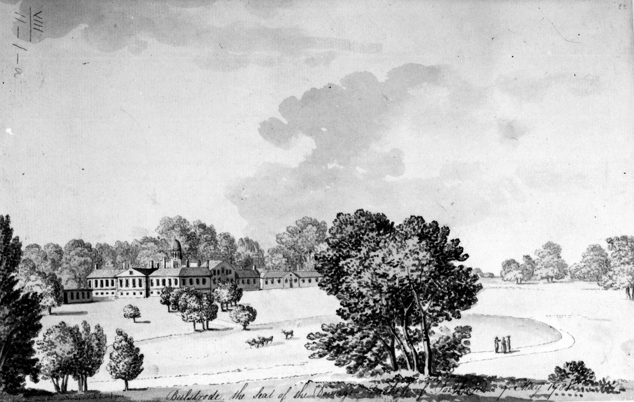 बुलस्ट्रोड पार्क, बकिंघमशायर, 1781 (कागज पर कलम, स्याही और धो) द्वारा अंग्रेजी स्कूल