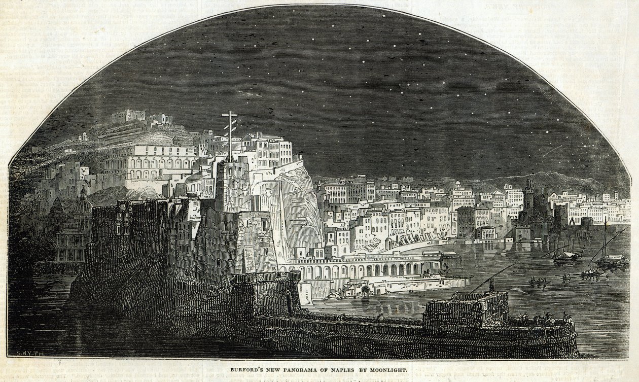 11 जनवरी 1845 को &39;द इलस्ट्रेटेड लंदन न्यूज&39; से मूनलाइट द्वारा बर्डफोर्ड का न्यू पैनोरमा ऑफ़ नेपल्स द्वारा अंग्रेजी स्कूल
