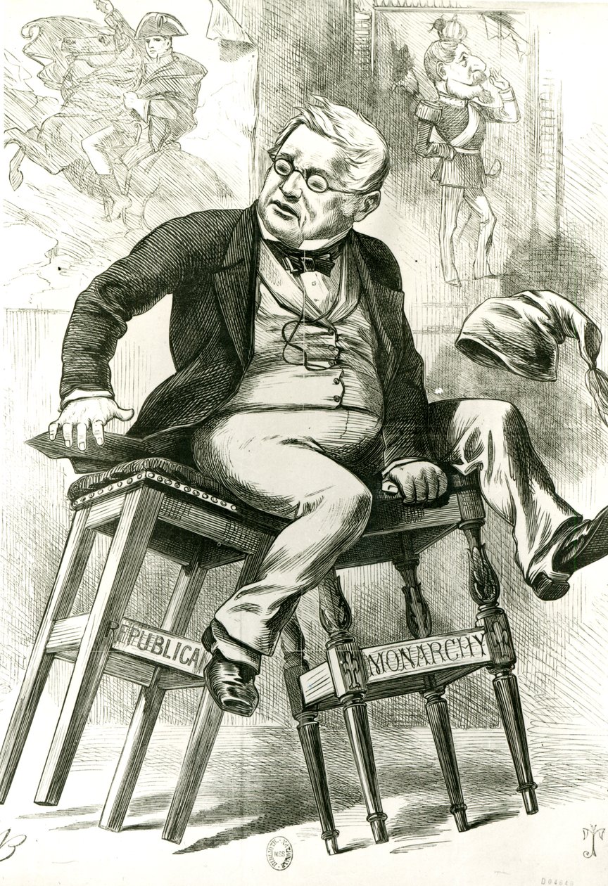 अडोल्हे थियर्स का कैरिकेचर (1797-1877) दो मल के बीच, &39;पंच&39;, 1872 द्वारा अंग्रेजी स्कूल