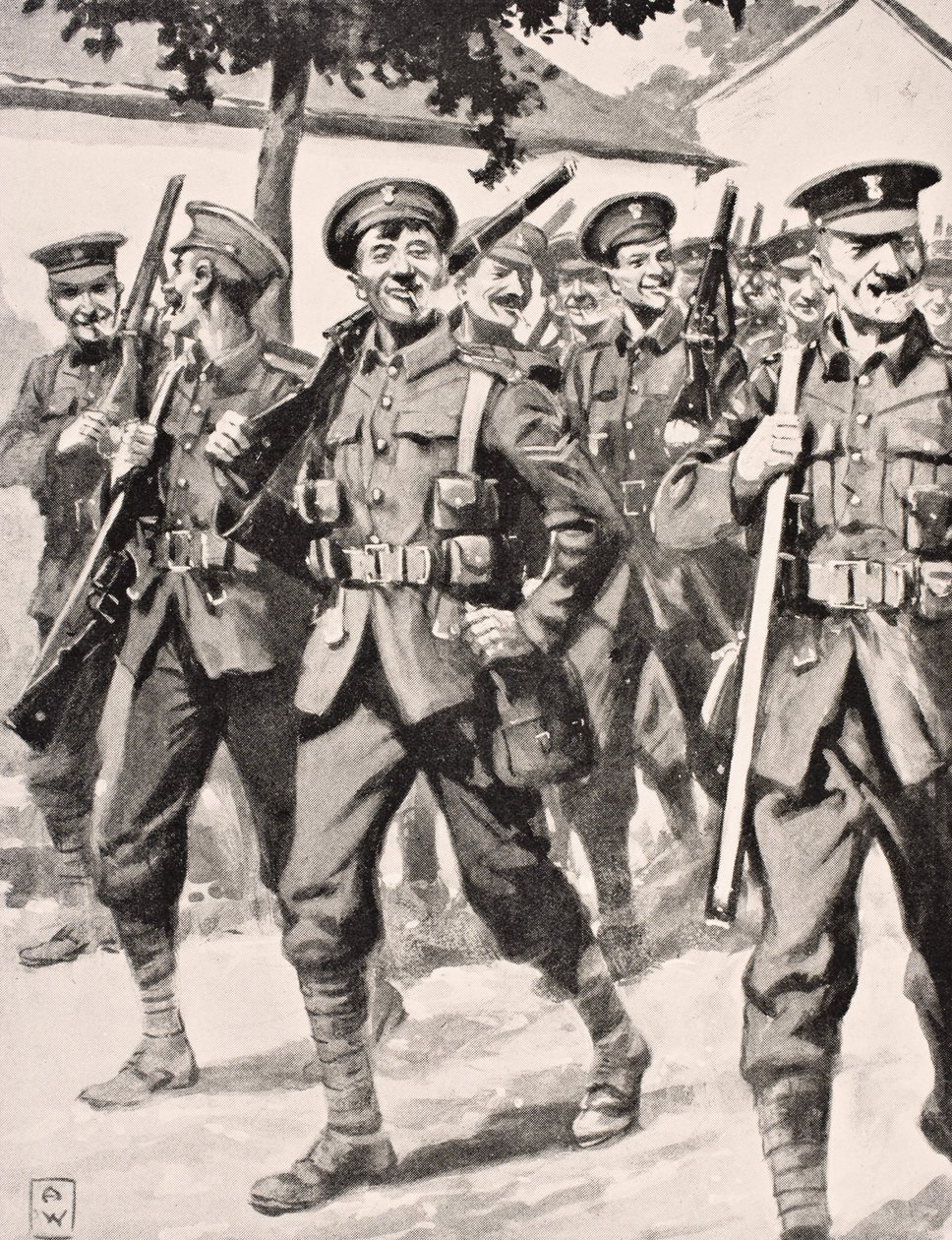 लन्दन, 1916 में प्रकाशित &39;द वॉर इलस्ट्रेटेड एल्बम डेल्हीम&39; से पश्चिमी सीमा, 1915 के सामने आने वाले रास्ते पर आत्मविश्वास से भरे ब्रिटिश सैनिकों का चित्रण द्वारा अंग्रेजी स्कूल