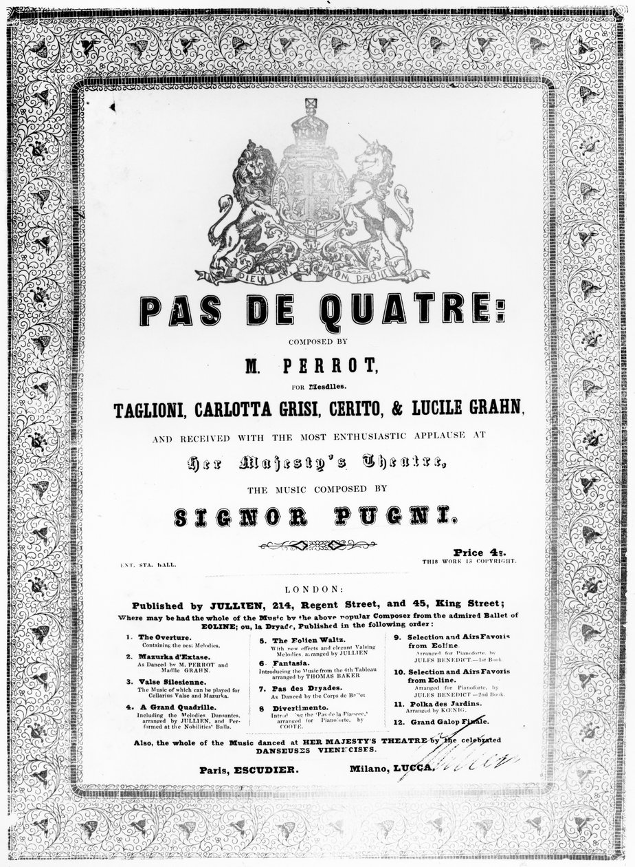 जूल्स पेरोट द्वारा &39;पास दे क्वाट्रे&39; के लिए शीट संगीत का कवर, c.1845 (मुद्रित पेपर) द्वारा अंग्रेजी स्कूल