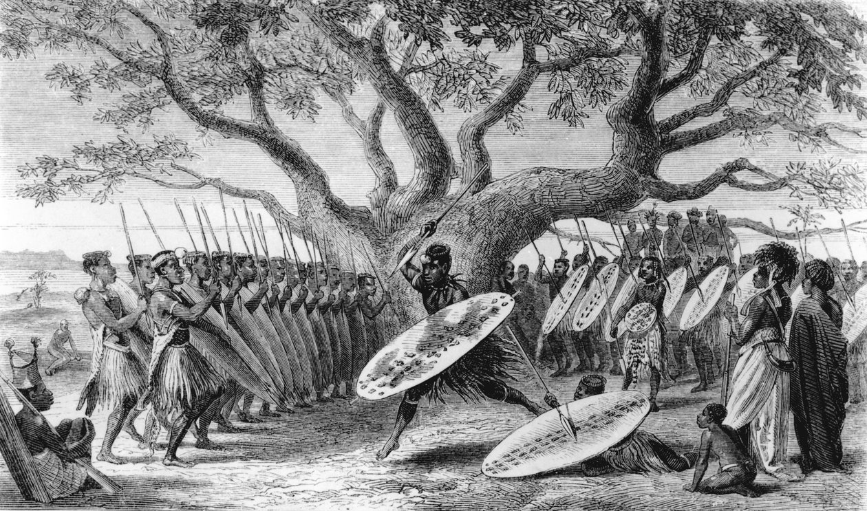 जोशियाह वुड व्हिम्पर (1813-1903) द्वारा उकेरी गई पुर्तगालियों की वार्षिक श्रद्धांजलि के लिए शुंगंगा में पहुंचे लैंड्स या ज़ूलस का नृत्य द्वारा अंग्रेजी स्कूल
