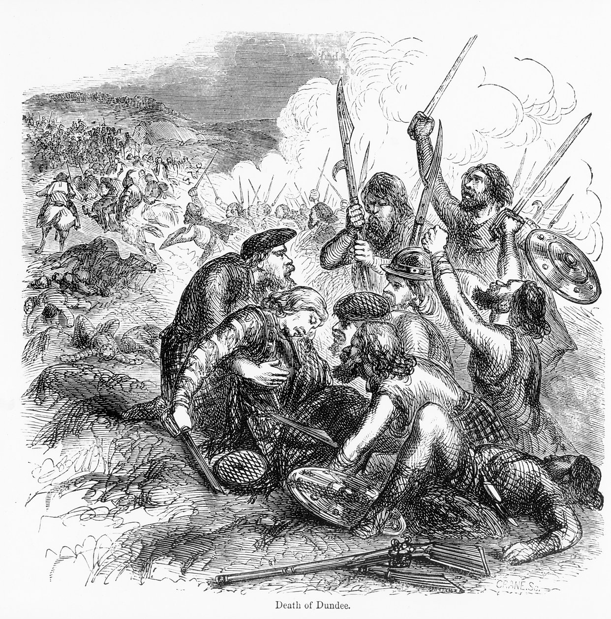 1675 में डंडी की मौत, क्रेन द्वारा उकेरी गई द्वारा अंग्रेजी स्कूल