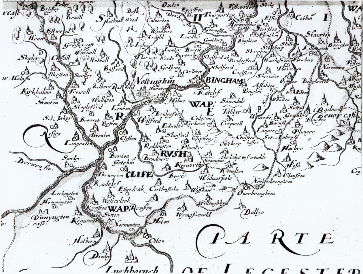 नॉटिंघमशायर, नॉटिंघम, 1642 के शहर को दिखाने वाले काउंटी के नक्शे का विस्तार द्वारा अंग्रेजी स्कूल