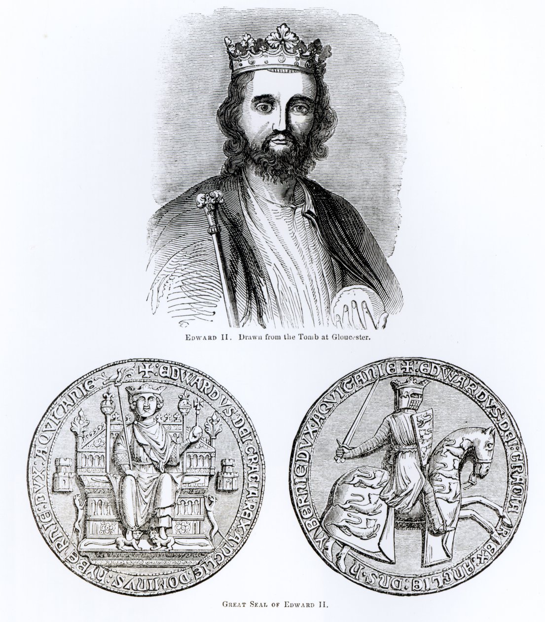 एडवर्ड II (1284-1327) ग्लॉसेस्टर में मकबरे से खींचा गया, और महान सील द्वारा अंग्रेजी स्कूल