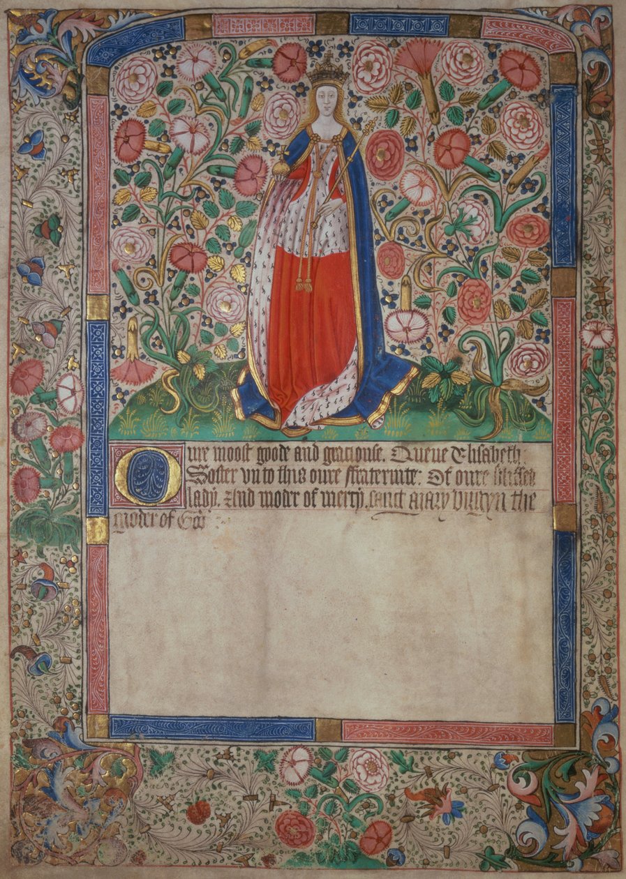एलिजाबेथ वुडविले (c.1437-92) इंग्लैंड के राजा एडवर्ड चतुर्थ की रानी कॉन्सर्ट (1442-83) (विस्तार से 125101 देखें) द्वारा अंग्रेजी स्कूल