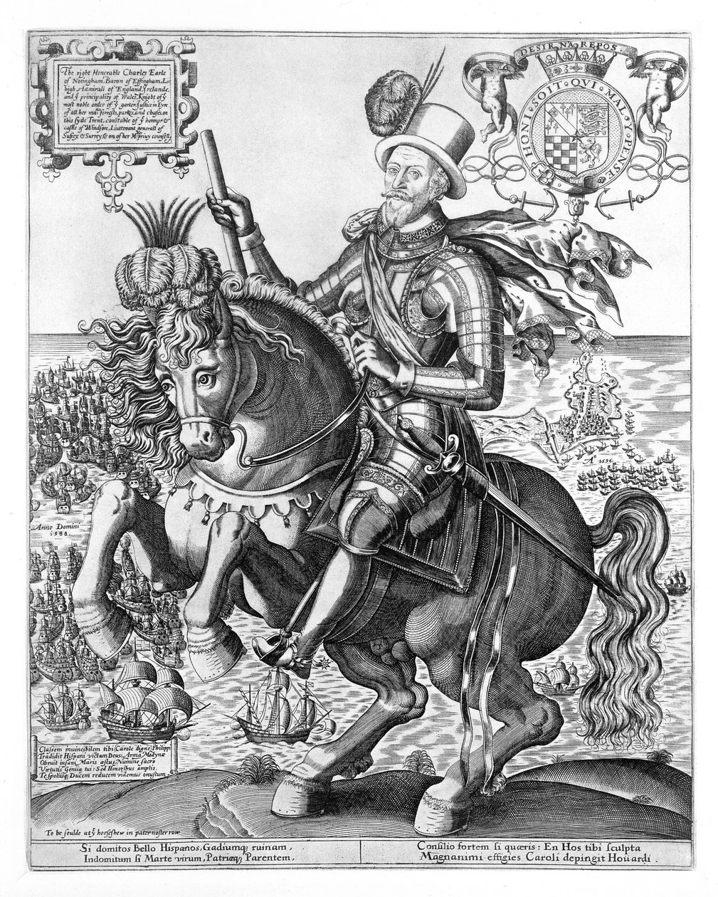 चार्ल्स हॉवर्ड (1536-1624) के अश्वारोही पोर्ट्रेट इफिंघम के दूसरे बैरन हॉवर्ड, नॉटिंघम के प्रथम अर्ल, थॉमस कॉक्सन (fl.1591-1636) c.1597-1603 द्वारा उत्कीर्ण द्वारा अंग्रेजी स्कूल