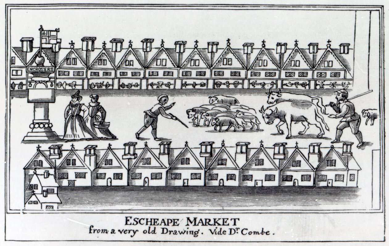 Escheape Market, c.1598 से एक मूल ड्राइंग के बाद द्वारा अंग्रेजी स्कूल