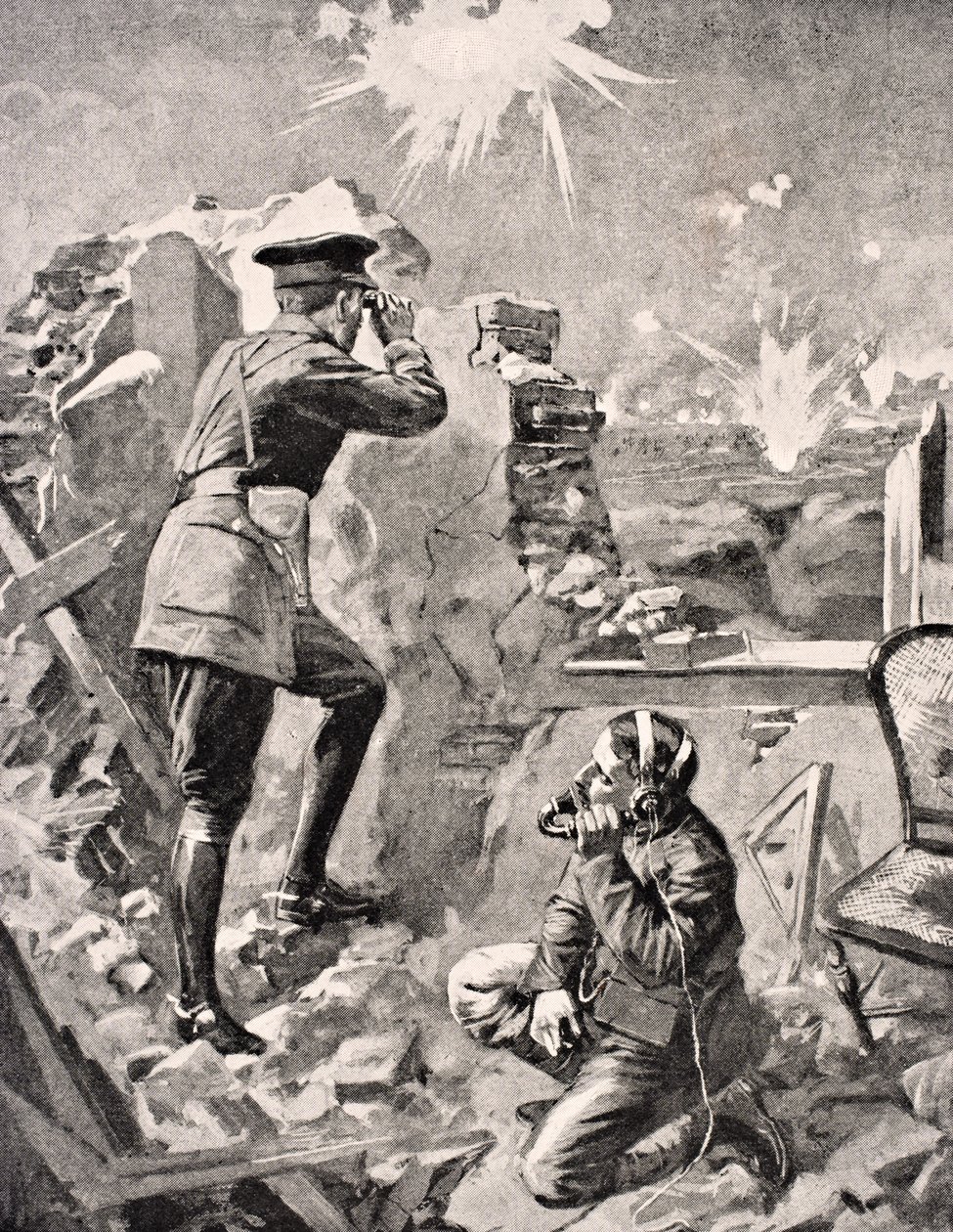 फारवर्ड ऑफिसर ने लंदन, 1916 में प्रकाशित &39;द वॉर इलस्ट्रेटेड एल्बम डे-डीलक्स&39; से, आर्टिलरी बैराज के प्रभाव को देखा। द्वारा अंग्रेजी स्कूल