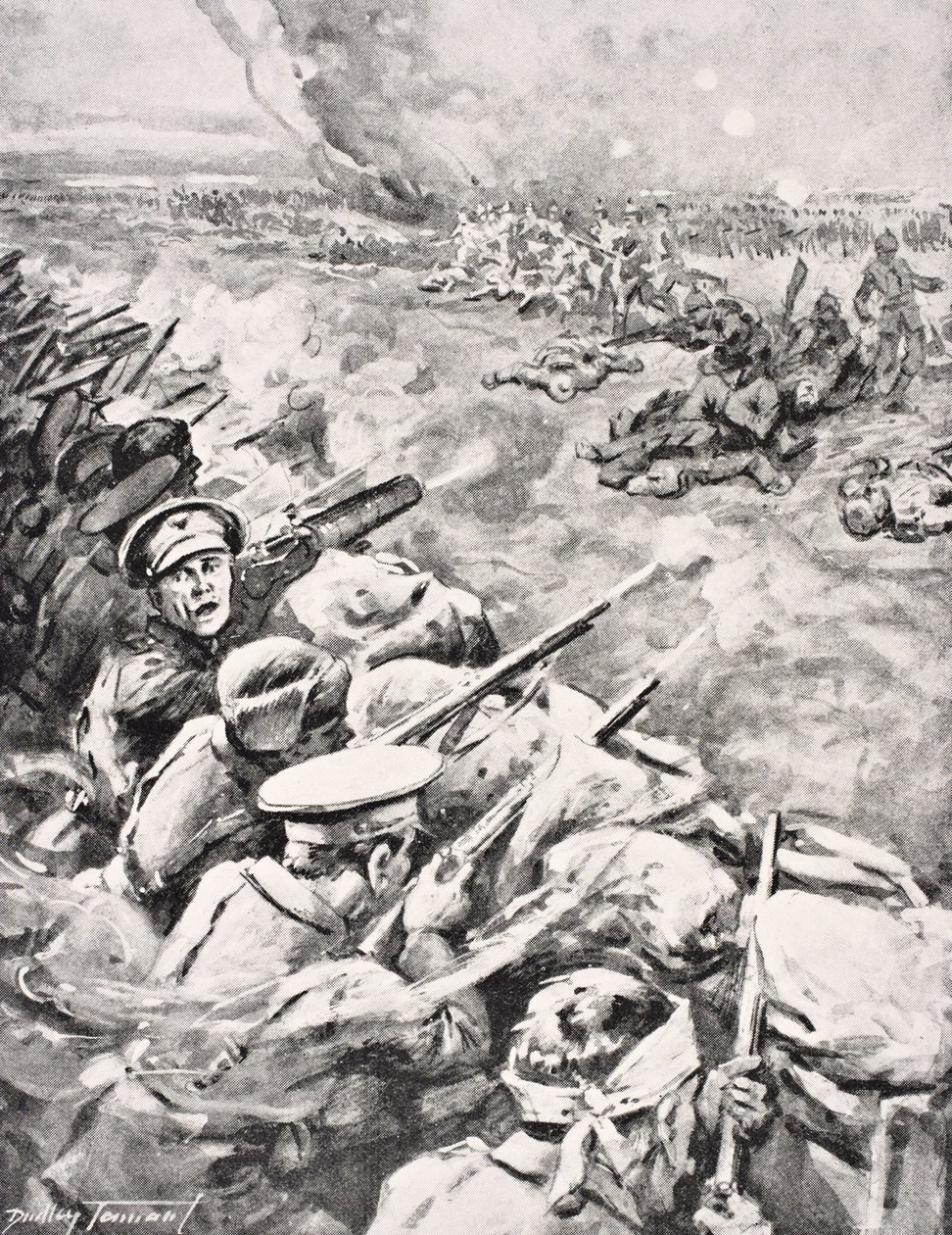 1916 में लंदन में प्रकाशित &39;द वॉर इलस्ट्रेटेड एल्बम डी लक्स&39; से जर्मन सैनिकों ने ब्रिटिश खाइयों के खिलाफ आरोप द्वारा अंग्रेजी स्कूल