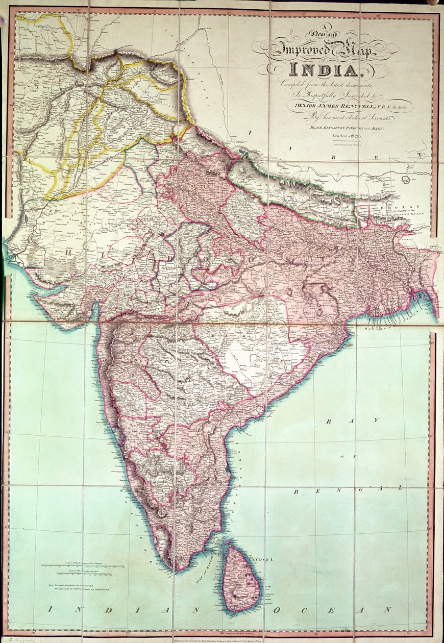 लंदन 1820 में प्रकाशित भारत का बेहतर नक्शा (रंग लिथोग्राफ) द्वारा अंग्रेजी स्कूल