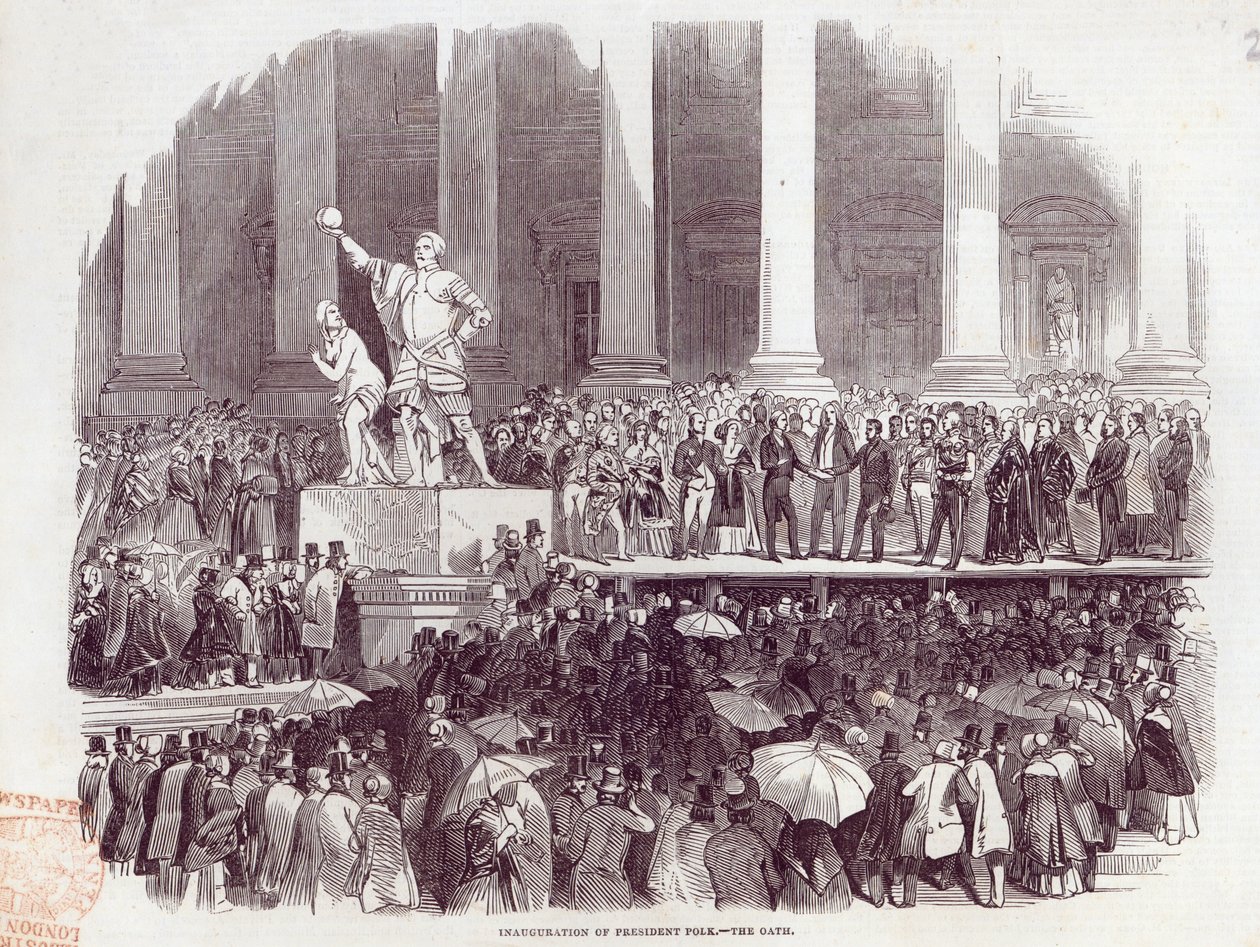 19 अप्रैल 1845 को &39;द इलस्ट्रेटेड लंदन न्यूज&39; से राष्ट्रपति पोल्क: द शपथ का उद्घाटन द्वारा अंग्रेजी स्कूल