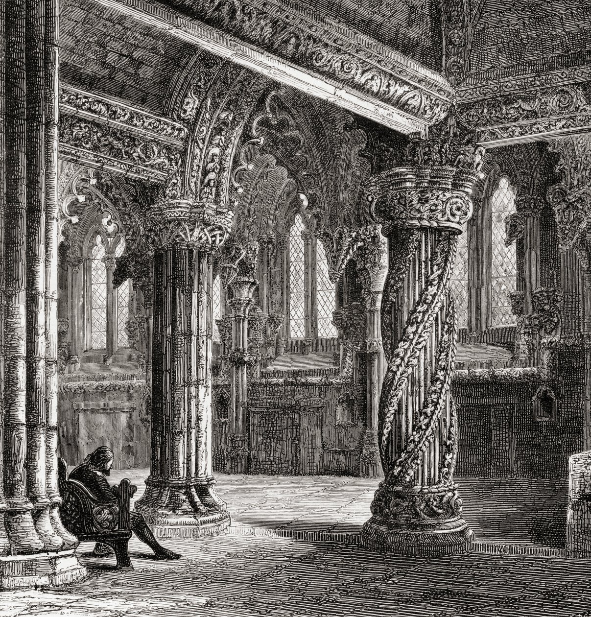 1886 में प्रकाशित सैमुअल जी। ग्रीन द्वारा &39;स्कॉटिश पिक्चर्स ड्रॉन्ड पेन एंड पेंसिल&39; से, अपरेंटिस पिलर के साथ रोसलिन चैपल का इंटीरियर द्वारा अंग्रेजी स्कूल