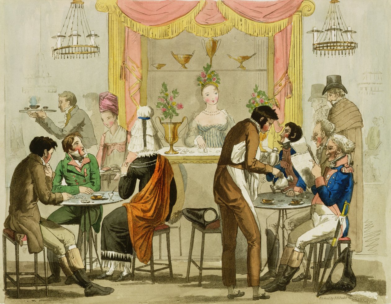 एक कॉफी हाउस का इंटीरियर, पब। विलियम पीयरमैन लाइब्रेरी के लिए, 1819, (रंग नक्काशी) द्वारा अंग्रेजी स्कूल