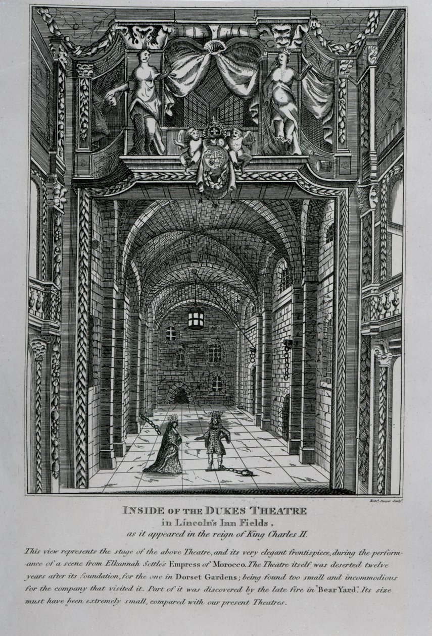 किंग चार्ल्स द्वितीय, 1809 के शासनकाल के दौरान लिंकन इन इन फील्ड्स में ड्यूक थिएटर का इंटीरियर द्वारा अंग्रेजी स्कूल