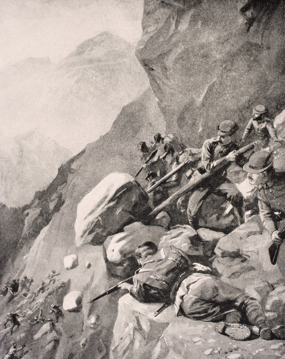 1915 में लंदन में प्रकाशित &39;द वॉर इलस्ट्रेटेड एल्बम डे-डीलक्स&39; से इतालवी सैनिकों ने डोलोमाइट्स में दुश्मन सैनिकों पर पत्थर फेंके द्वारा अंग्रेजी स्कूल