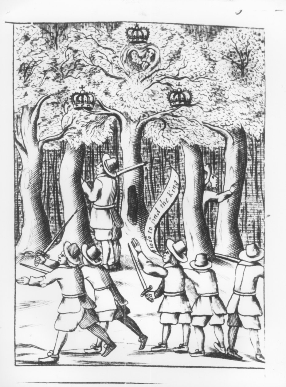 राजा चार्ल्स द्वितीय (1630-85) 1651 में वॉर्सेस्टर की लड़ाई में अपनी हार के बाद बोस्कोबेल में एक ओक के पेड़ में छिपा हुआ, 1660 द्वारा अंग्रेजी स्कूल